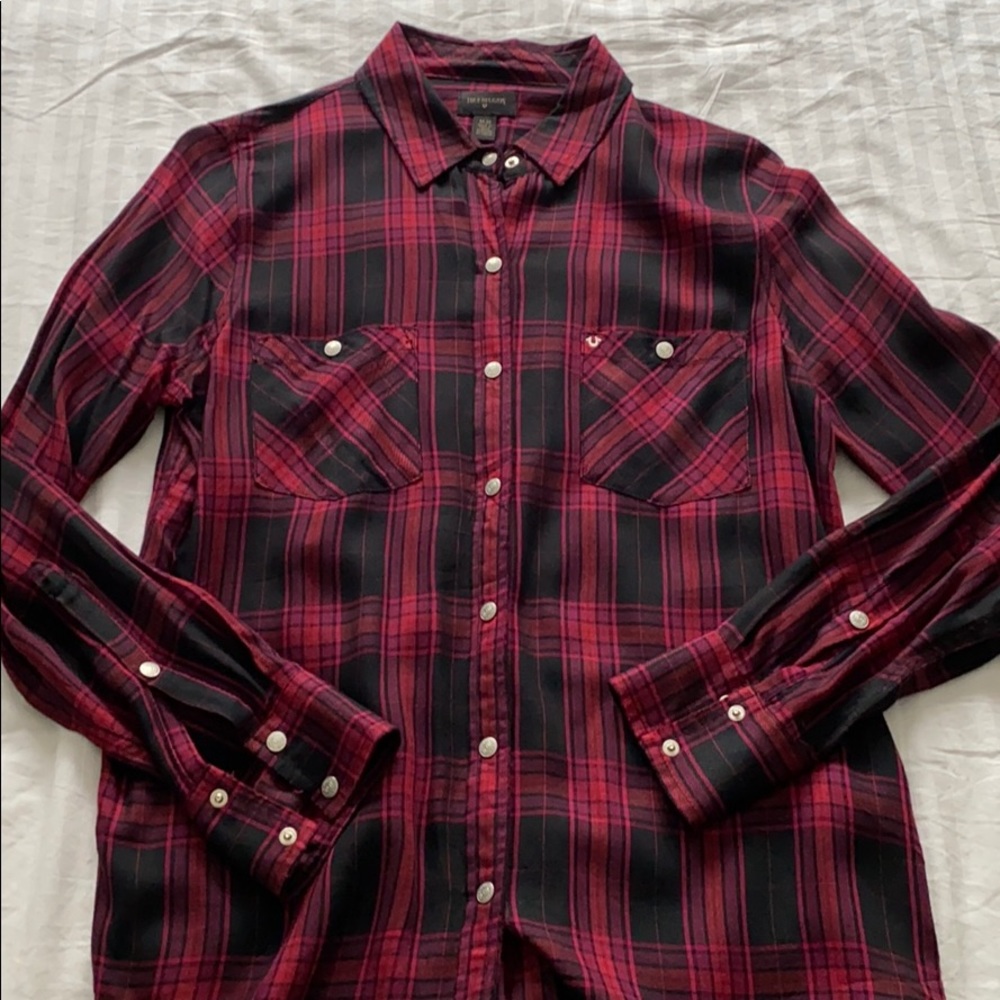 True Religion “Wine/ Burgundy” plaid button down